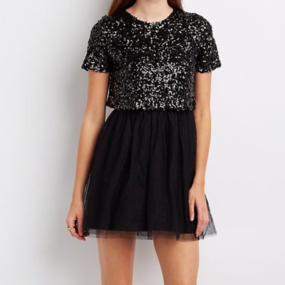 Charlotte Russe Black Sequin Tulle Skater Dress✨